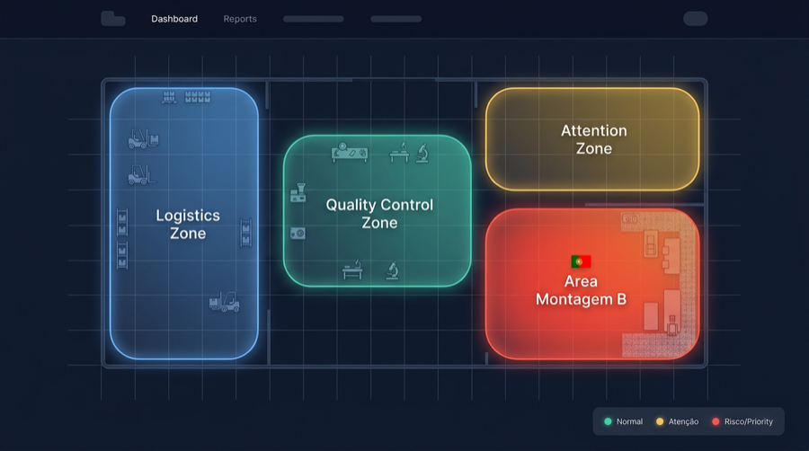 Mapa ilustrativo de prioridade operacional por setor — zonas em verde (estável), amarelo (atenção) e vermelho (ação imediata, Montagem B).